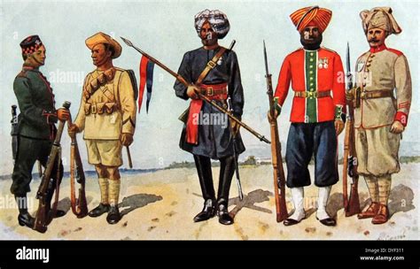 Indian army uniforms including Left: Ghurkhas; centre: Bengal Lancer, Right: Sepoys. The British ...