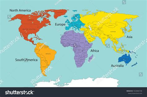 World Map Divided Into Six Continents Each Vector Image, 53% OFF