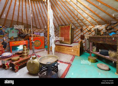 Interior of a traditional Mongolian ger (yurt) by Ongi Monastery ...