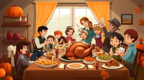 Cartoon Thanksgiving Dinner Family Background, Thanksgiving Picture Scene, Thanksgiving ...