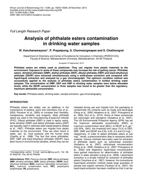 (PDF) Analysis of phthalate esters contamination in drinking water samples