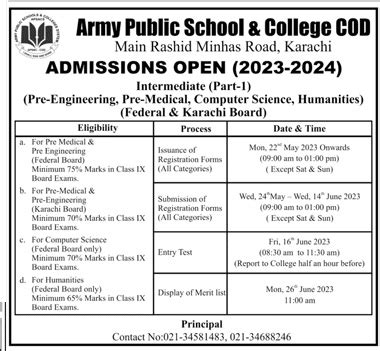 Army Public School APS Karachi Admission 2023