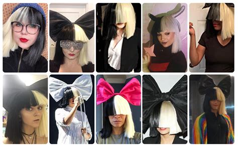 OFFICIALLY LICENSED Sia Costume Wig 2 Tone Half Blonde Black Bob Wig with black Bow Premium ...