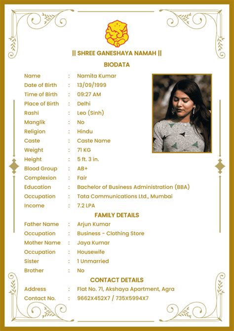 Marriage Biodata Format for Girl