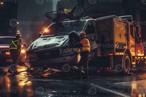 A tow truck operator removing a damaged vehicle from an accident scene, showcasing the ...