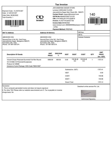 Lenskart Sunglass Invoice | PDF | Trade | Taxation