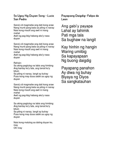 Sa Ugoy NG Duyan Song | PDF