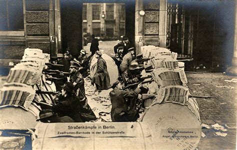 Spartacist fighters defending a barricade during the Spartacist Uprising in Berlin, 1919 ...