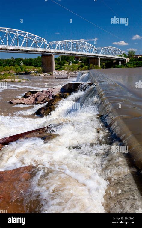 A bridge, dam and waterfall on the Llano river, Llano, Texas, USA Stock ...