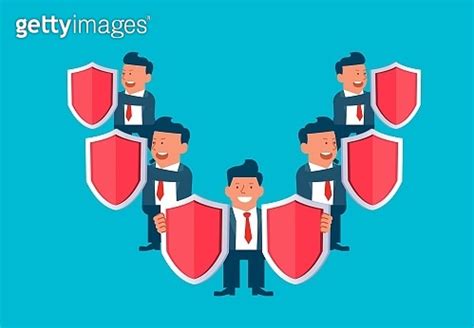 Cartoon businessmen stand together holding shields for protection, business investment, wealth ...