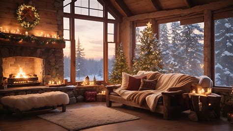 Christmas Tree Zoom Background, Rustic Winter Cabin Virtual Office for ...