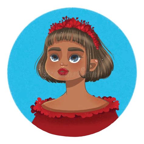 Black Woman Portrait on Blue Round Background. Brown Hair with Red Flowers, Blue Eyes and Red ...