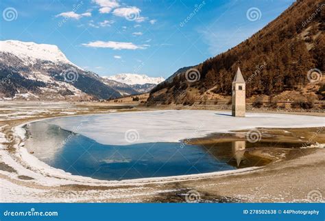 Lake Reschen at Reschen Pass, Vinschgau Valley, South Tyrol, Italy. Stock Photo - Image of ...