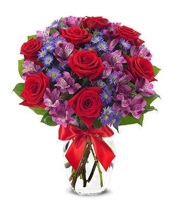 Janousek Florist - Best Sellers - Red Roses and Purple Alstromeria