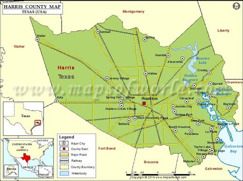 Map showing the county seat, major cities & roads of the Harris County in Texas. #usa #us # ...