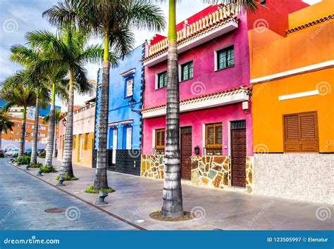 Tenerife. Colourful Houses and Palm Trees on Street in Puerto De Stock Image - Image of paradise ...