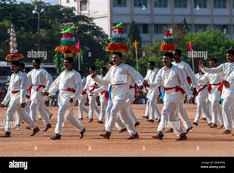 Karagattam Karagam dancers performing during Police Public sports festival at Coimbatore Tamil ...