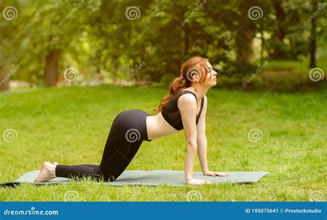 Beautiful Young Girl Doing Cat Cow Yoga Sequence on Mat at Park Stock Image - Image of active ...