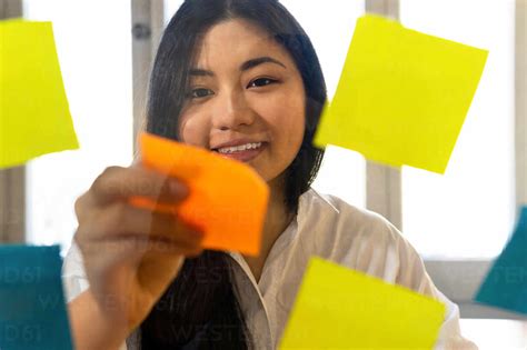 Young glad ethnic female entrepreneur arranging colorful paper stickers on transparent surface ...