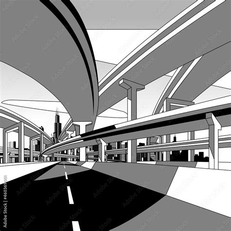 Linear black and white drawing of highway overpass and city skyline ...