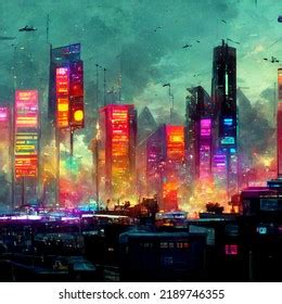 Cyberpunk Dystopian City Beautiful Colorful Stock Illustration 2189746355 | Shutterstock