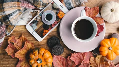 Download wallpaper: Autumn, coffee, pumpkins, leaves 1920x1080