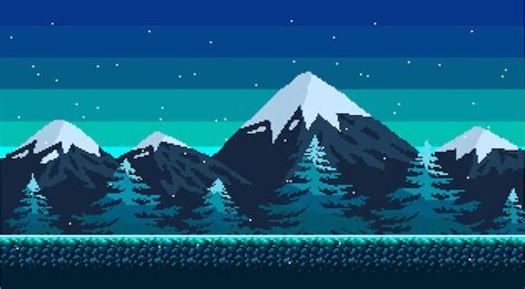 Pixel Art Seamless Location With Snowy Mountains At Landscape 8-bit ...