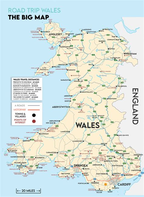 Road Trip Wales Map - Wales Road Map A2 Foldable Splash Proof