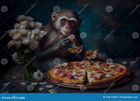 Monkey Eating Pizza, Creative Art Portrait. Generative AI Stock Photo - Image of foliage ...