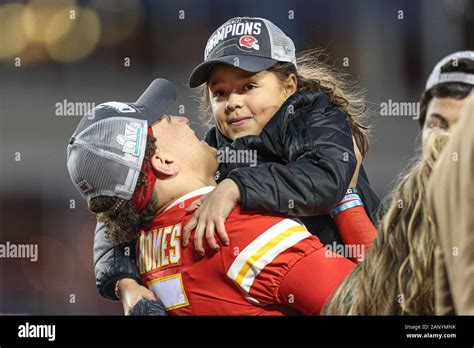 Kansas City Chiefs quarterback Patrick Mahomes (15) holds his sister Mia Mahomes after the AFC ...