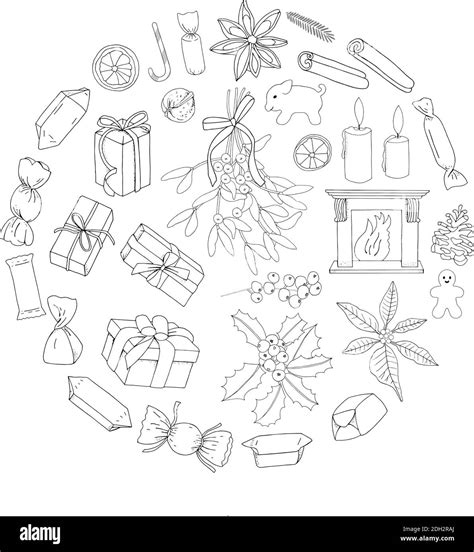 Christmas party outline elements set of traditional symbols. Vector hand drawn illustration ...
