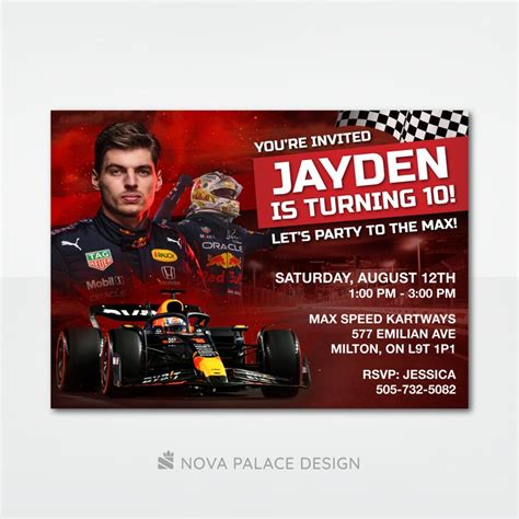 Max Verstappen Invite, Race Car Birthday Invitation, Red Bull Racing ...