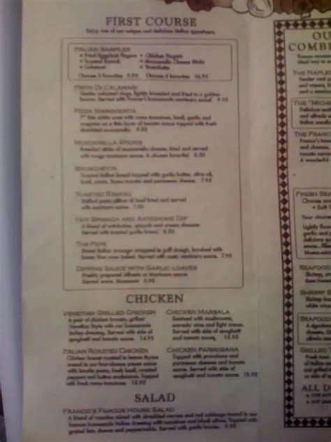 Franco's Italian Restaurant menu - Urbanspoon/Zomato