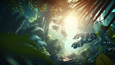 Premium AI Image | A jungle scene with a path and leaves