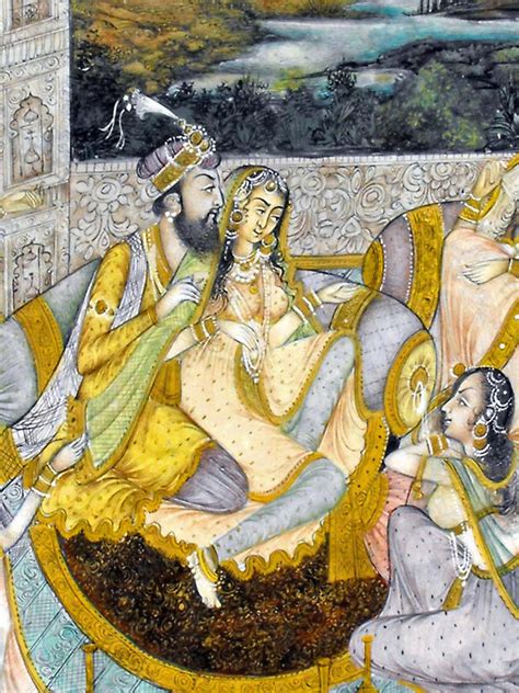 Mughal Miniature Painting On Manuscript Paper Representing An Emperor In His Harem Mixed Media ...