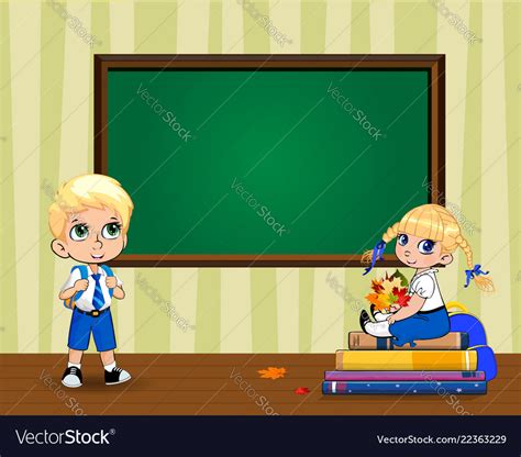 Cute cartoon school kids in classroom near clear Vector Image