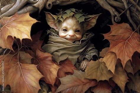 Fairytale Fantasy Image of a Tiny Baby Goblin Fairy Surrounded by Autumn Leaves. [Storybook ...