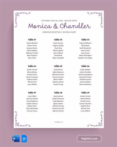 Wedding Seating Chart Template - Word | Google Docs - Highfile