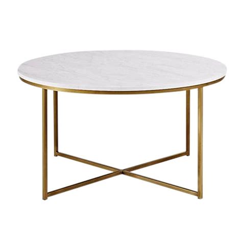 a white marble top coffee table with gold metal legs and an oval shape, on a white background