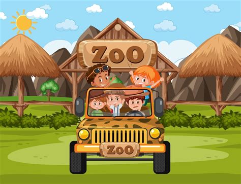 Children on tourist car explore in the zoo scene 3303916 Vector Art at Vecteezy