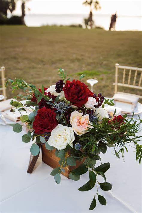 Ivory, Blush and Burgundy Floral Centerpiece in a Rustic Wooden Box for an Elegant Outdoor ...