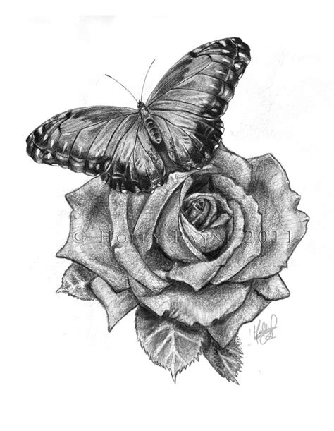 a black and white drawing of a rose with a butterfly on it's wing