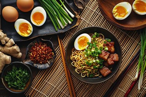 Premium Photo | Japanese Tonkotsu Ramen Ingredients on Bamboo Mat