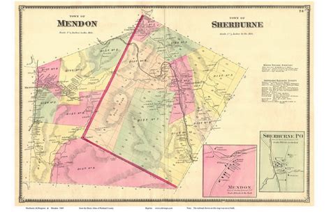 Mendon and Sherburne Towns, Mendon and Sherburne Villages, Vermont 1869 Old Town Map Reprint ...