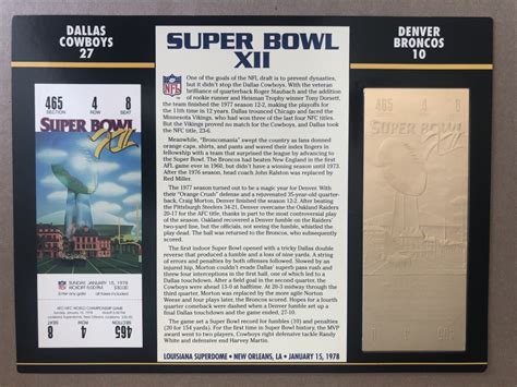 1978 Commemorative Super Bowl XII Card with Ticket: Cowboys vs Broncos ...