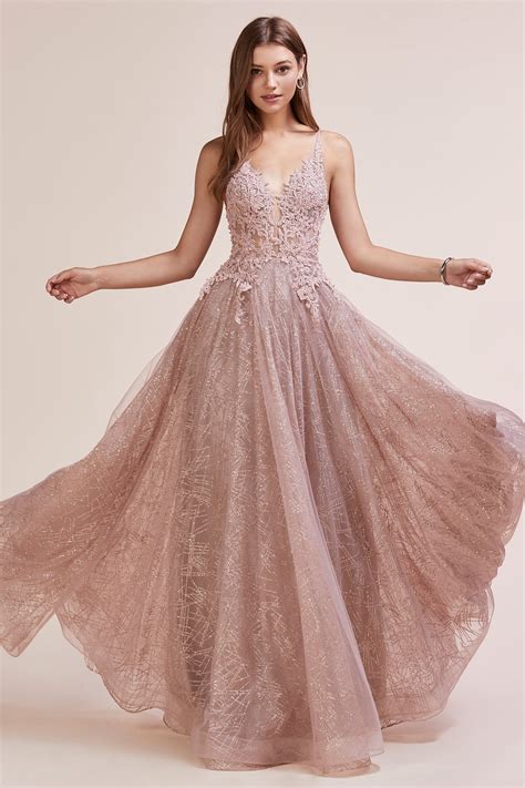 Andrea and Leo A0681 Rose Gold lace and glitter tulle long evening dress - Mia Bella Couture