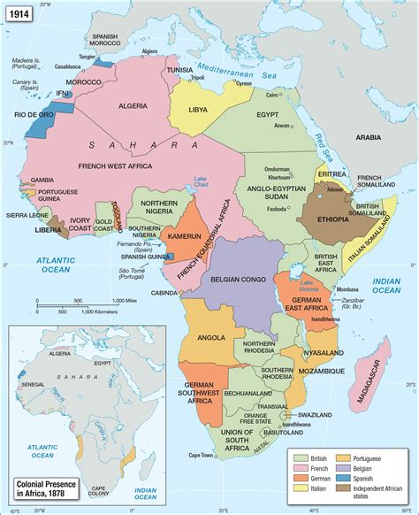 Map of Africa in 1914 identifying colonial presence. Map of Africa in 1878 indicates far less ...