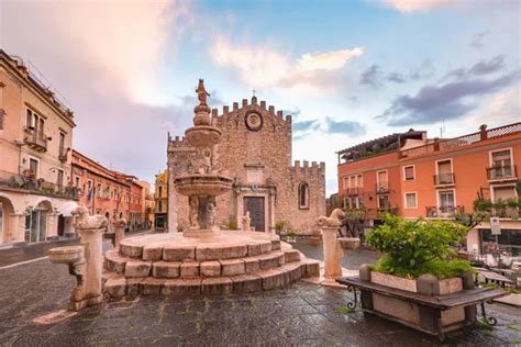 Cathedral Taormina Fountain Square Piazza Duomo Taormina Rainy Night Sicily Stock Photo by ...