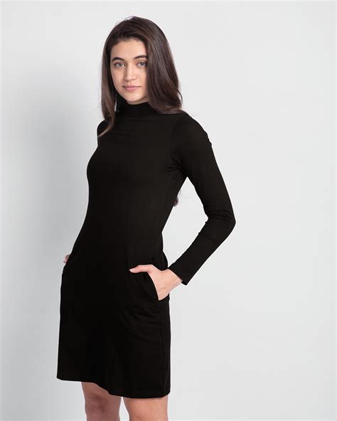 Buy Jet Black High Neck Slim Fit Pocket Dress Online at Bewakoof