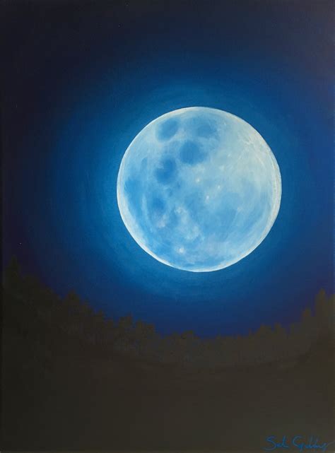Blue Moon Painting, Celestial Art, Glowing Moon Wall Art, Bright Moon, Night Sky, Lunar Painting ...